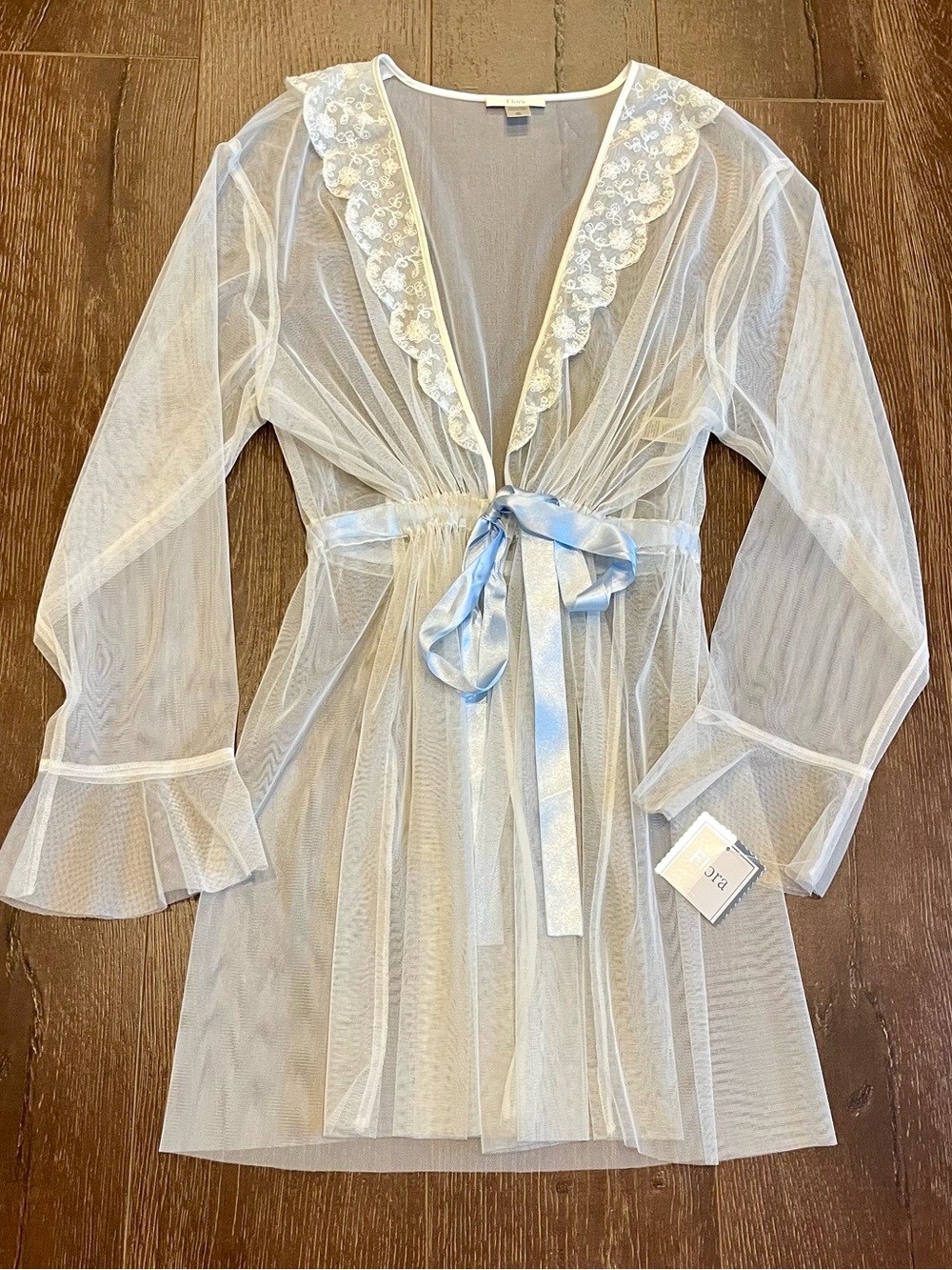 Sheer Lace-Trim Mesh Robe with Satin Tie - Light Blue